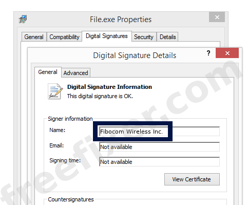 Screenshot of the Fibocom Wireless Inc. certificate